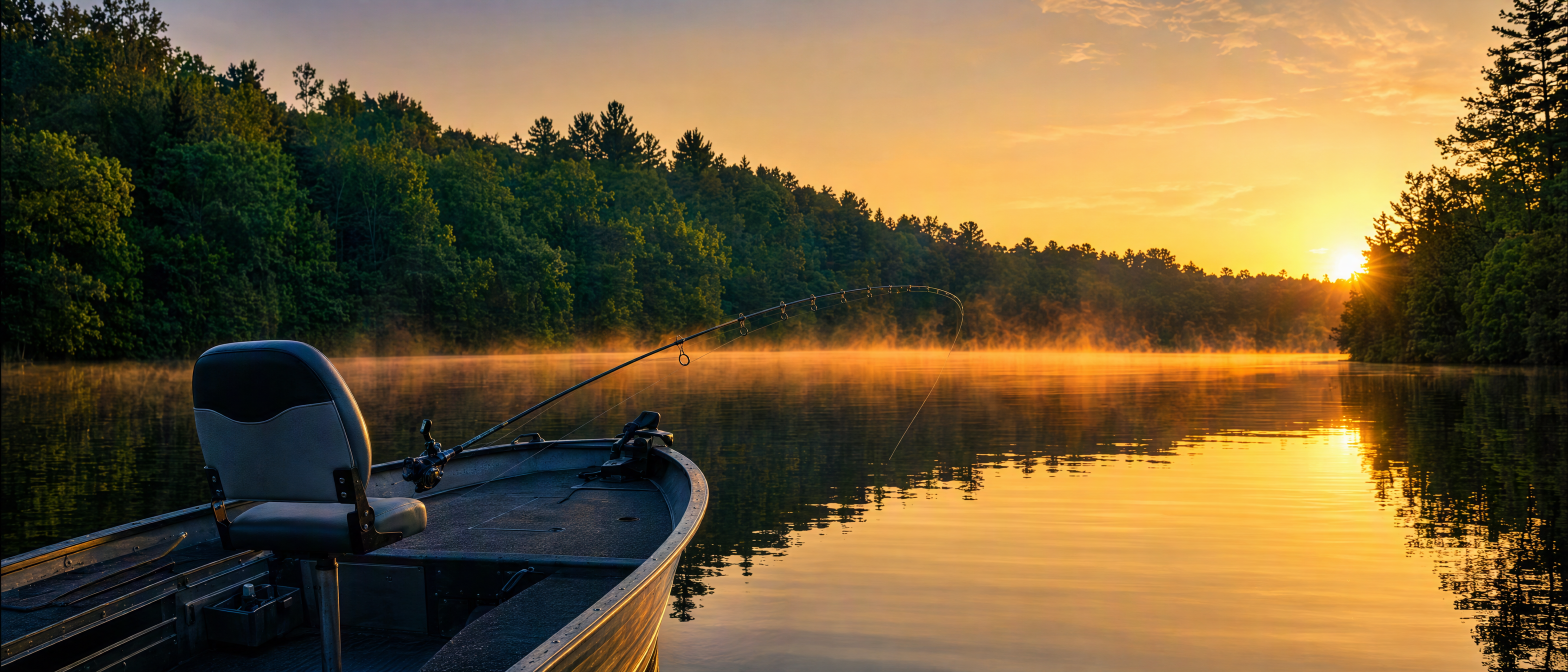 Fishing boat on a calm lake at golden hour