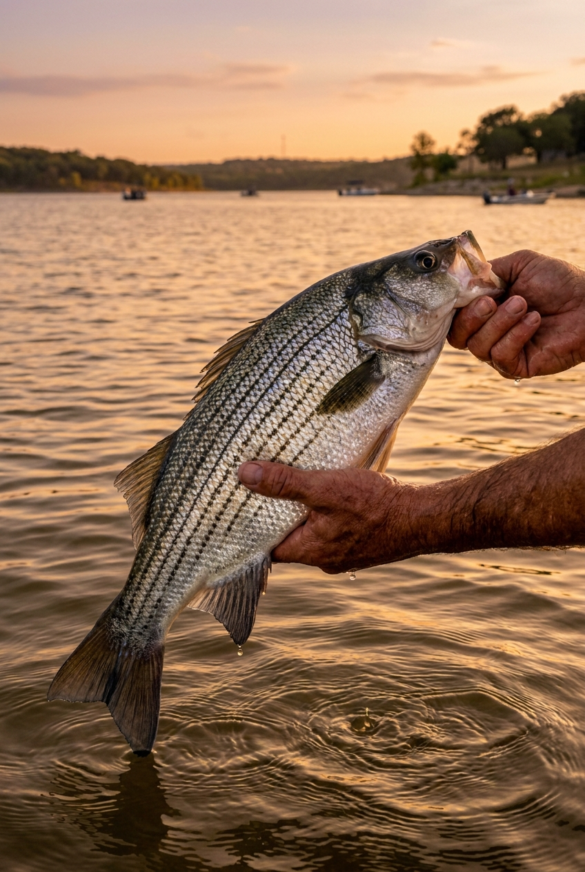 Hybrid Striped Bass fishing on Eagle Mountain Lake, Texas
