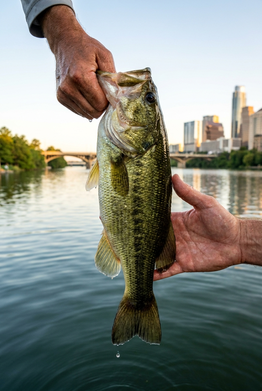Largemouth Bass fishing on Lady Bird Lake, Texas