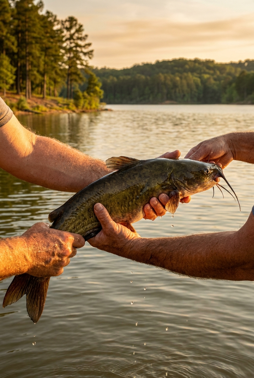 Catfish fishing on Lake Bastrop, Texas