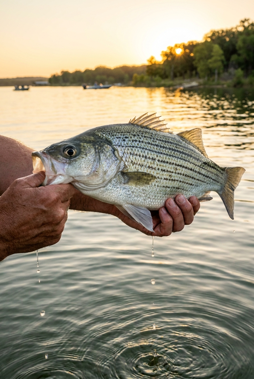 Hybrid Striped Bass fishing on Lake Bastrop, Texas