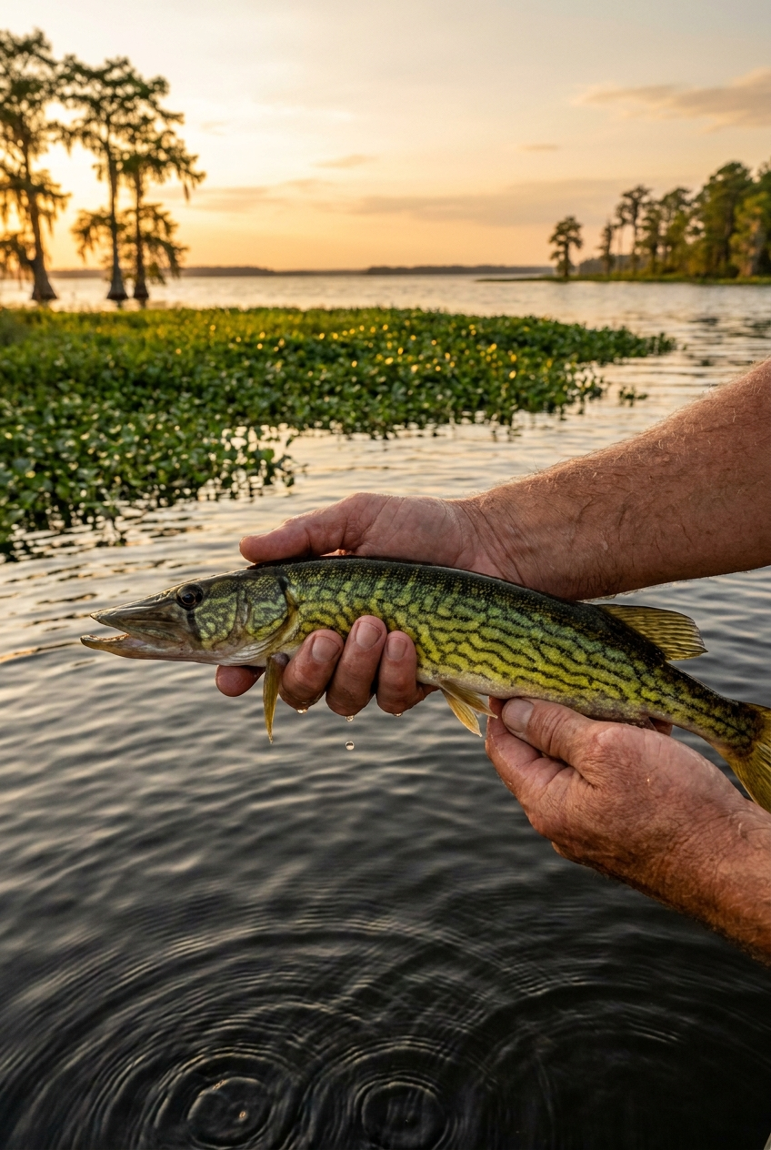 Chain Pickerel fishing on Lake Seminole, Georgia