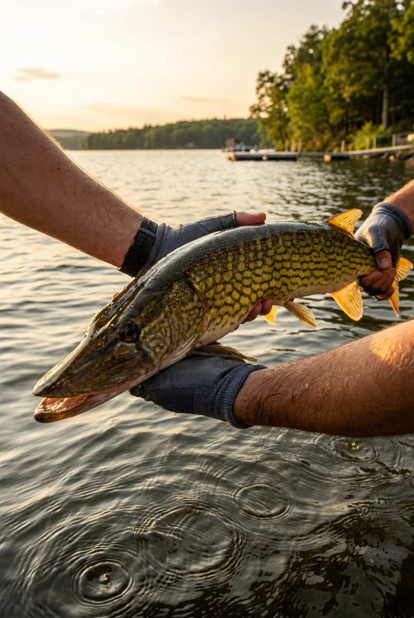 Chain Pickerel fishing on Lake Wallenpaupack, Pennsylvania
